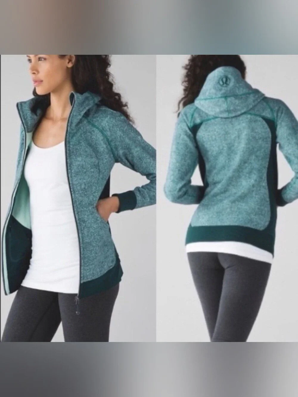 Lululemon Scuba Hoodie Full Zip Heathered Green Gray Thumbholes Size 10